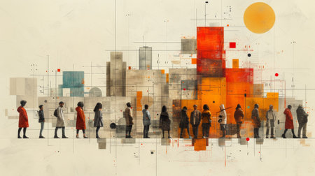 Isolated beige color background of a diversity group communicating modern technologies in an exclusive magazine sketch collageの素材