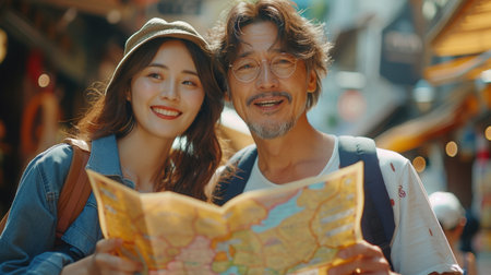 A couple of multi-ethnic travelers using a local map together on a sunny day, man pointing to the copy space.の素材
