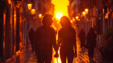 Vacationers in Venice, Italy - Couple having fun on city street at sunset - Tourism and love conceptの素材