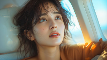 Looking out the window in an airplane, an Asian woman is sitting in a seat on a trip.の素材