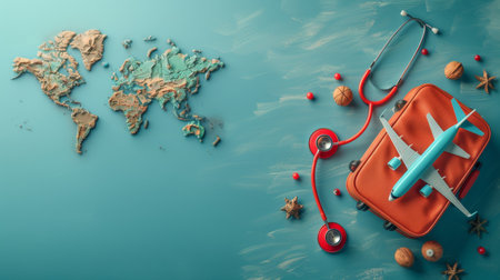 Travel insurance, medical tourism, and healthcare concept with an airplane model on a suitcase and a stethoscope on a blue background.の素材