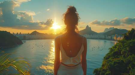 The famous Guanabara bay and the cityscape of Rio de Janeiro, Brazil, are visible from the terrace of a fashion tourist in Rio de Janeiroの素材