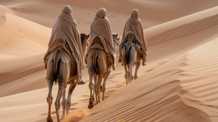 Dromedaries riding through the desert in Merzougha, Morocco, October 30, 2019の素材