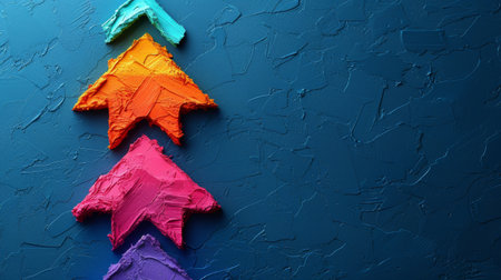 Financial result graph that shows investment growth, growth of a business, and development progress on a deep blue background with one big arrow.の素材