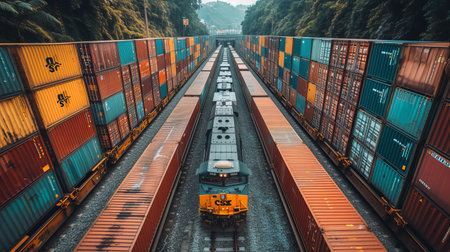 Business logistics concept of Container Cargo freight trains for air cargo trucking, rail transportation, and shipping online goods worldwideの素材