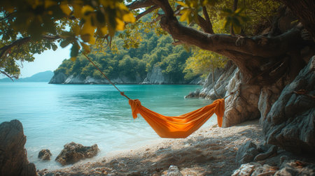 During adventure vacation, traveler guy relaxes in a hammock hanging on a tree directly on the beach. One takes a moment to enjoy the beauty of nature. Wanderlust and travel concept.の素材