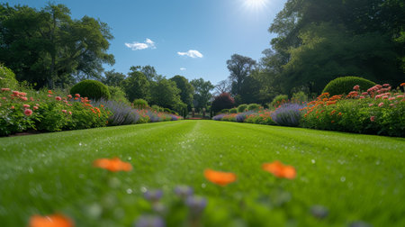 English Style Landscape Garden in Summer with a Green Mow Lawn, Leafy Trees, and Colourful Flower Bedの素材