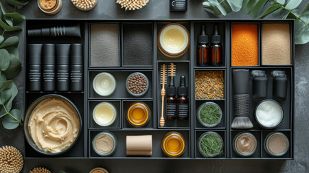 Box of natural cosmetics with creams and lotions, hydrophilic oil, guache massager, facial roller, body brush.の素材