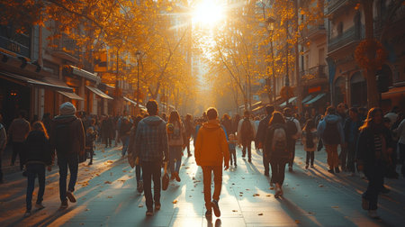 A teenage young man and a family with a little child walk on a pedestrian street walkway. Aerial photograph of an urban cityの素材