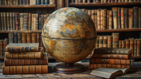 Globe with world map and books on background. Concept of world literature.の素材