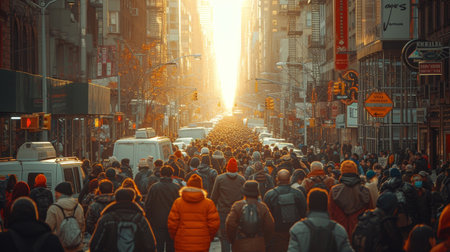 A group of anonymous people walk down a busy street in New York Cityの素材