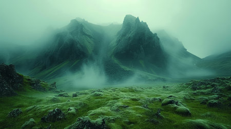 View of the Himalayas on a foggy night - Mt Everest visible through the fog with dramatic and beautiful lightingの素材