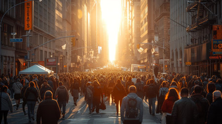 Walking on a busy street in New York City, a crowd of anonymous peopleの素材