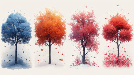 Stunning watercolor blooming flower tree side view isolated on white background for landscape and architecture drawings, elements for the garden and environment, botanical elementsの素材