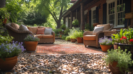 Cozy outdoor furniture, decorative pillows, and relaxing garden setting create a serene garden patio.の素材