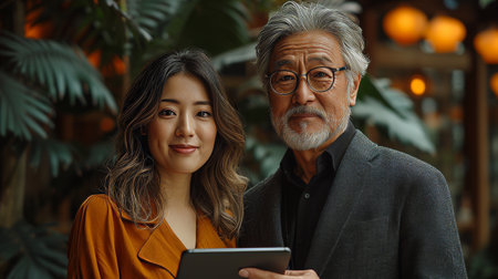 The two professional business people are standing in the corporate office meeting room using digital tablet technology while discussing financial market data.の素材