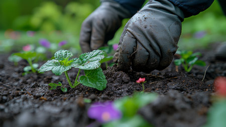 Backyard flowers planted by gardenersの素材