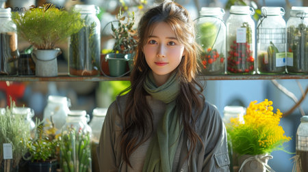 Watering green plants in a home shelf by a young womanの素材