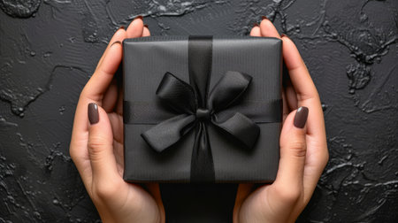 The hands are holding a black unwrapped giftbox in the top view, and there are blank spaces in the background during the photoの素材