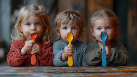 Composition of colorful cutlery and wooden table. Kids are eating funny.の素材