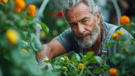 A Caucasian Gardener using Professional Garden Scissors in His 40s to Trim Plants in the Garden. Backyard Plants Care in the Spring.の素材