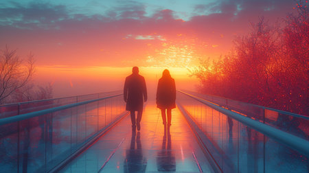An elderly woman and an elderly man strolling on a footbridgeの素材