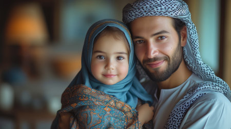 Happy Arabic parents posing with their little daughter at homeの素材
