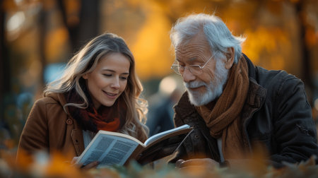 a mature couple sharing devotions and studying the bible in a city park in st. albert, alberta, canada on a warm fall day.の素材