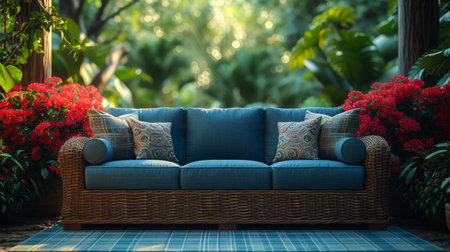 Relaxing outdoor oasis with cozy outdoor furniture, accent pillows, and a serene settingの素材