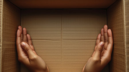 The hands are holding a blank cardboard box against a light backgroundの素材