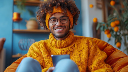 This millennial indian man is pointing at copy space over a blue studio background while smiling and wearing a brand new smartphone.の素材