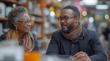 Advice given by a salesman at an electronics store to a senior woman who is buying an applianceの素材