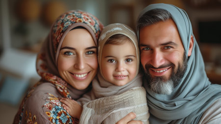 An image of a happy arabic couple posing with their little daughter at homeの素材