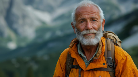 An older bearded man stands in nature park enjoying the landscape. He is smiling and looking away exploring camping tourism nature mountains view feeling free.の素材