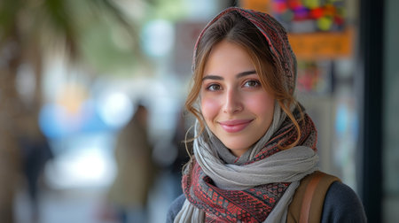 Middle Eastern Student with Smartphone and Workbooks Standing Outside, Happy Young Female Walking in City After College Classes, Smiling And Looking Away, Copy Spaceの素材