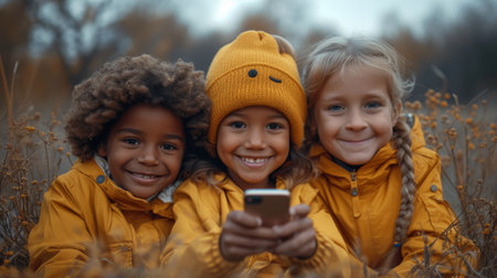 Boys and girls of digital generation alpha dance for making videos on their smartphones outdoors. Video blogging. Friendship. Childhood.の素材