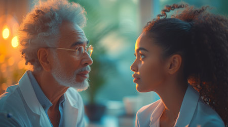 Help, support and wheelchair with nurse and old man for rehabilitation, healing or retirement. Retirement, physiotherapy, and healthcare with patient and black woman nursing home.の素材