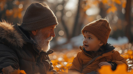 An engaging grandfather spends time with his grandson in the park during a sunny dayの素材