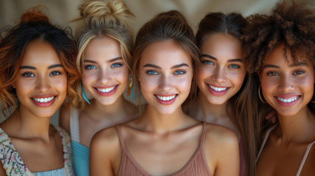 To promote skincare, a portrait, face and smile with a happy and natural female friend group indoors on a beige background is shown.の素材