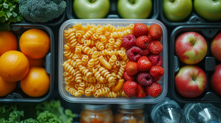 A top view photo depicting a lunch box, fruits and a water bottle on a white isolated background offers ample room for text or advertising.の素材