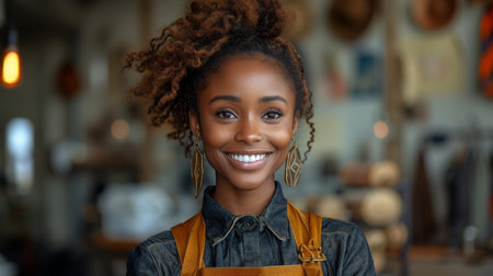 Black woman and designer with business vision. Smile, startup and small business entrepreneur with success working feeling and happiness.の素材