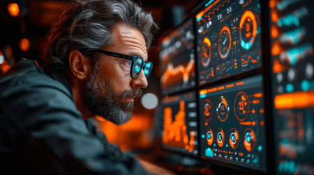 Analysis of big data using artificial intelligence for business analytics. Data mining, filtering, sorting, clustering. Data scientist working on visualization on a virtual computer screen.の素材