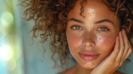 An attractive woman touches her face while standing in a bathroom with flawless skinの素材