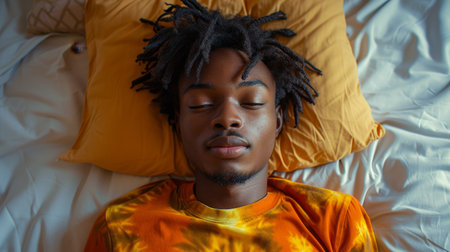 POV shot of trendy black teenager lying on bed and recording video on social media while wearing tie dye shirtの素材