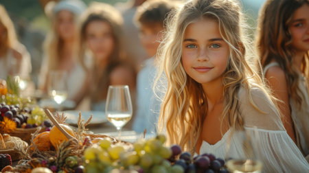 The people are drinking, passing dishes, joking, and having fun at a family garden party celebration. Kids run around the table.の素材