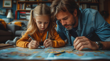 While young parents relax on the sofa on the floor, children sister and brother play drawing together, a little boy and girl have fun together, and a family enjoys family time together.の素材