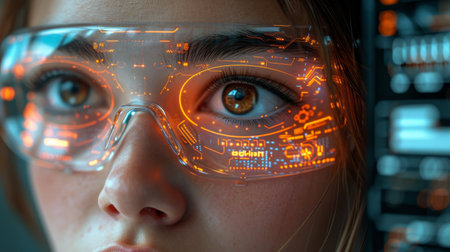 An engineer examines AI technology while wearing eyeglassesの素材