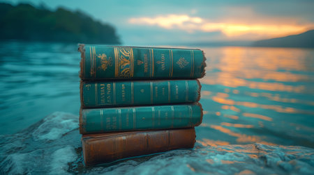 Seascape background with book stacks. World Book Day concept.の素材