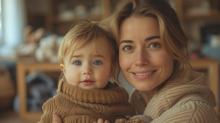 The mother unboxes wooden toys on her mommy blog as she streams online video. Mommy influencer.の素材