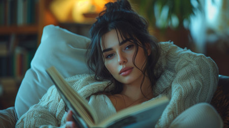 Millennial Indian woman reading an exciting story indoors in a comfy armchair. Beautiful young lady enjoying lazy morning, having a relaxing weekend.の素材